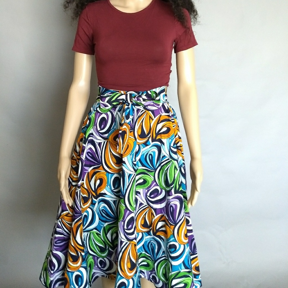 Women African print mid calf length flared skirt